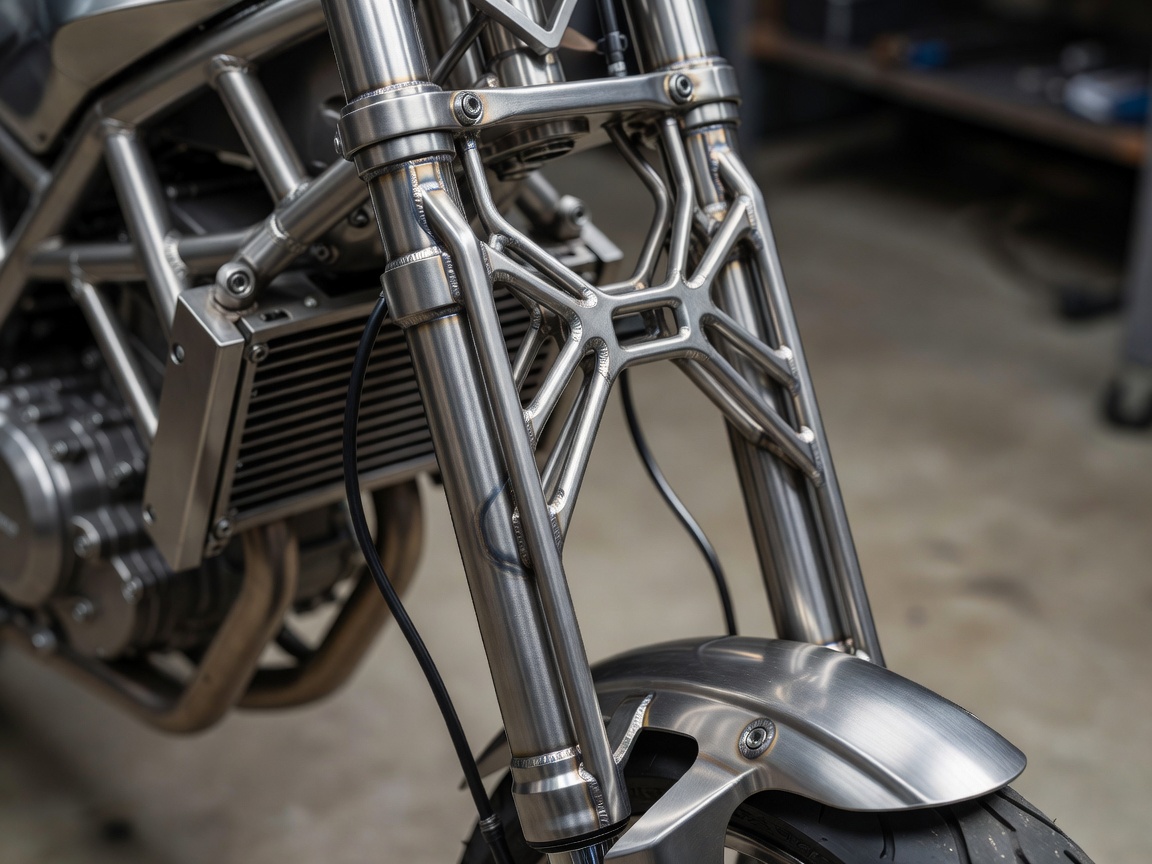 Praga ZS800 showing intricate lightweight front girder fork and titanium build detail